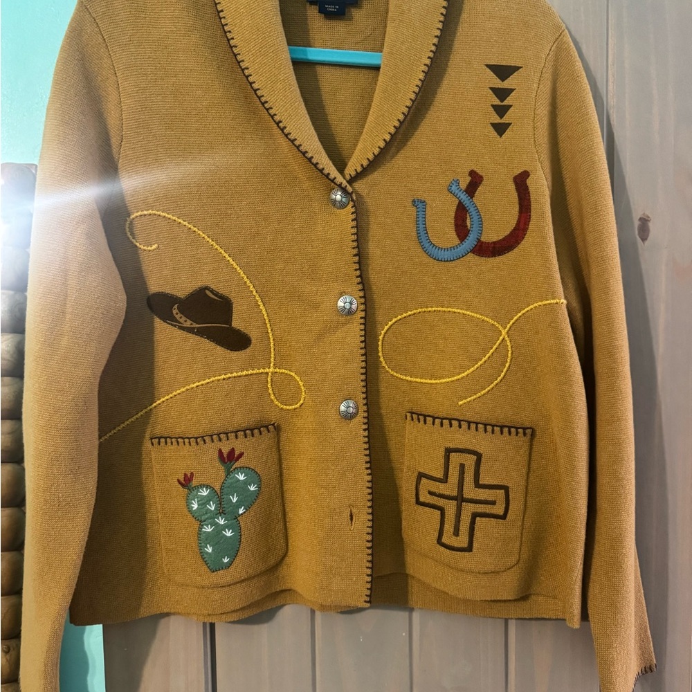 Pendleton Brown Cardigan with Shawl Collar and Artsy Embellishments